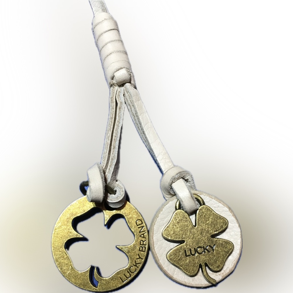 LUCKY BRAND Long White Leather Strap Loop 2 Brass FOB BAG CHARMS KEYCHAIN H…